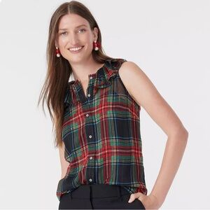 J. CREW | Skeeveless Ruffle Collar Stewart Tartan Plaid Top